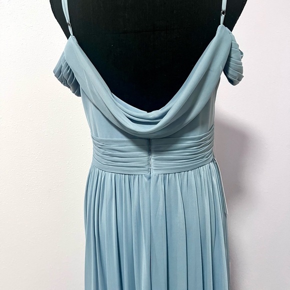 NEW AZAZIE dusty Blue off the shoulder chiffon A line Ruched AJA Maxi Gown A12 - Picture 7 of 10